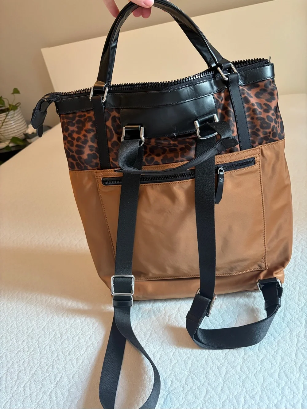 Cole Haan Brown Tote Backpack with Leopard Accent and Black Trim